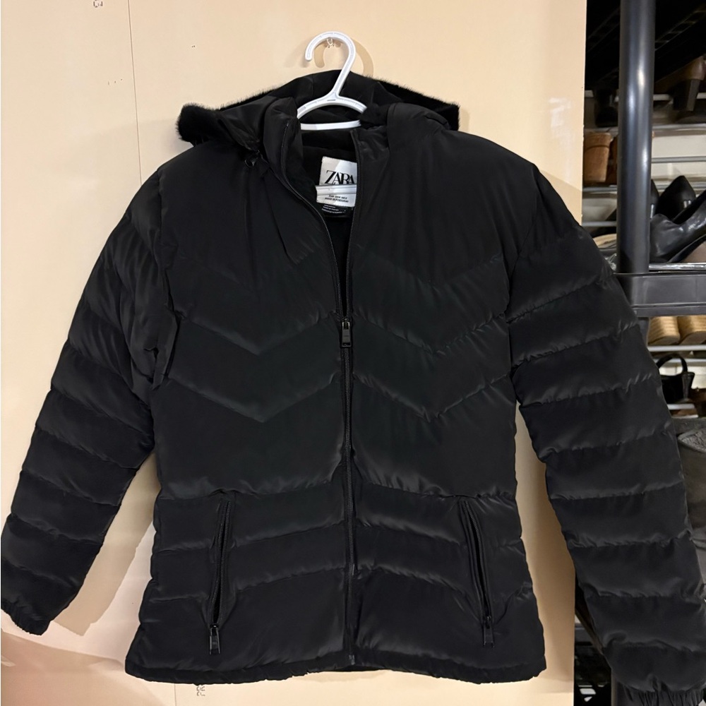 Zara Black Quilted Puffer Jacket Fur Trim Hood Ski Winter Warm